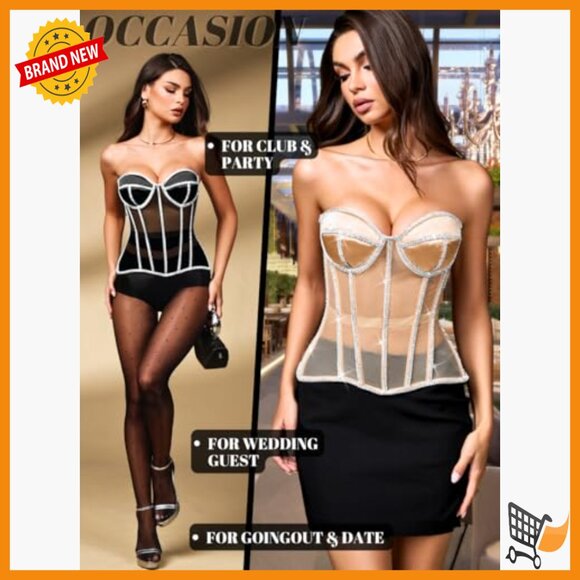 Sheer Mesh Corset with Rhinestones, Strapless Lace-Up Shapewear Top - Picture 5 of 7